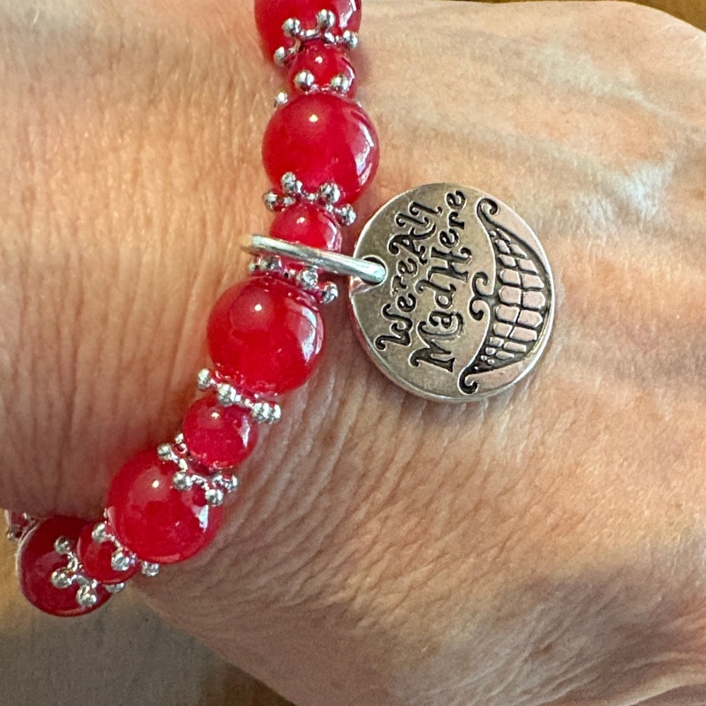 Cheshire Cat Red Glass Beaded Bracelet with Silver Charm